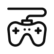 A simple black and white icon of a shopping cart with two wheels and a handle.
