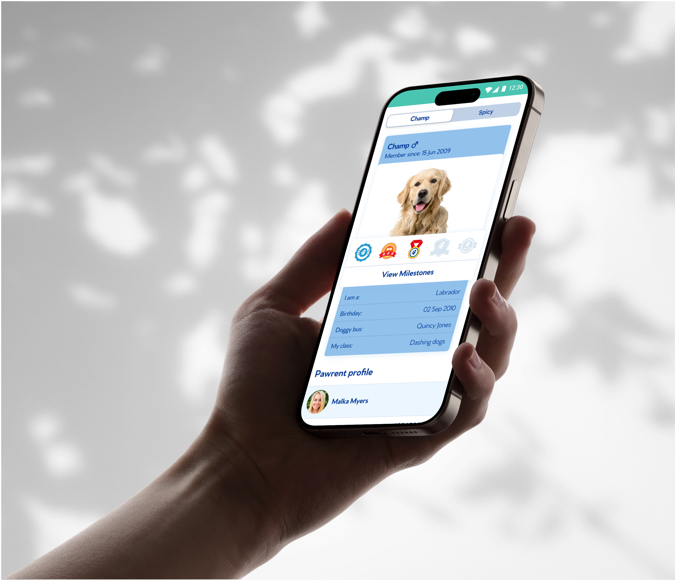 A hand holds a smartphone displaying a pet profile app, featuring a golden retriever’s photo, name, milestones, and owner’s details—an essential tool for any doggy day care management software—against a blurred background.