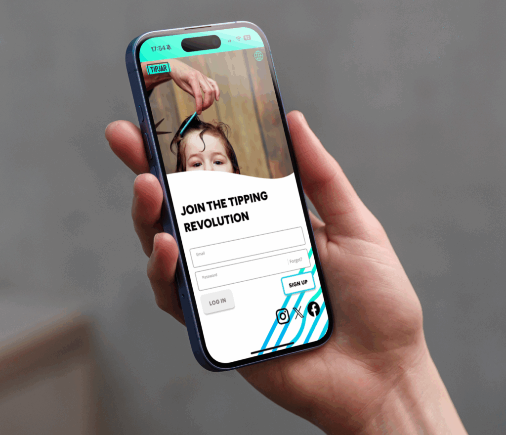 A hand holds a smartphone displaying the TiPJAR app’s login screen. The screen reads “Join the tipping revolution” with fields for email, password, and log in or sign up buttons.