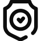 A black shield outline with a heart inside a circle at its center, above two curved hands, symbolizing protection and care.