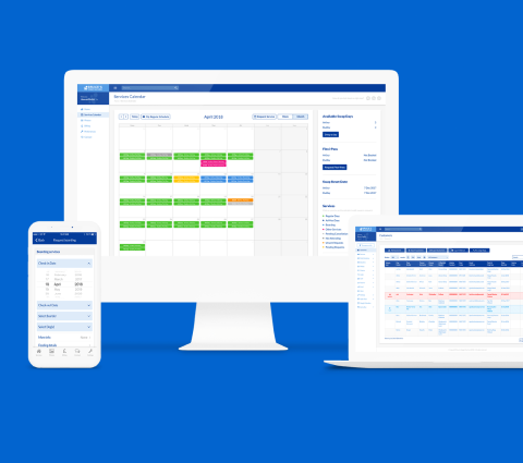 A smartphone, desktop monitor, and laptop display different screens of a scheduling or calendar application on a blue background. The interfaces show dates, appointments, and availability details.