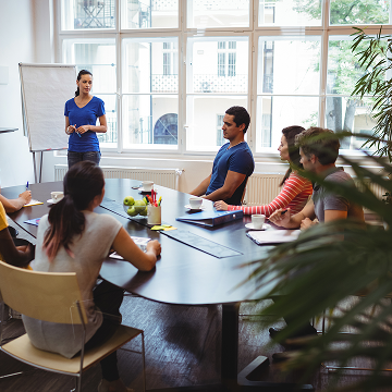 A woman stands by a flip chart giving a presentation to four seated colleagues around a conference table in a bright, modern office with large windows.