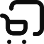 A simple black shopping cart icon with two wheels, viewed from the side, on a white background.