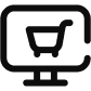 Black icon of a computer monitor displaying a shopping cart, symbolizing online shopping or e-commerce.