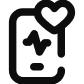 A simple black icon showing a mobile phone with a heart and an electrocardiogram line on the screen, representing a health or fitness app.