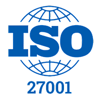 Blue ISO text over a globe outline, with 27001 written below. This represents the ISO 27001 standard, which relates to information security management systems.