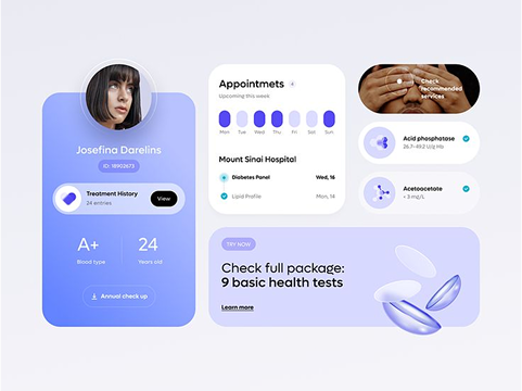 A digital health dashboard displays a female profile photo, health info, appointment schedule, test results, and a promotion for a package of nine basic health tests, all on a clean, modern interface with purple accents.