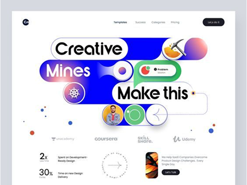 A colorful website landing page with bold text reading Creative Minds Make This, featuring various icons, user profile images, and logos of online learning platforms on a vibrant abstract background.