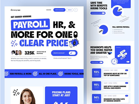 A modern payroll service website with bold text and blue accents, featuring pricing information, benefits, charts, icons, and a smiling woman’s photo. The layout is clean with highlighted statistics and service details.