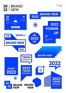 A collage of blue and white graphic elements with texts such as “2022,” “BRAND NEW,” “2022 POWER UP,” “TREND DESIGN,” and various shapes and icons, creating a modern and energetic visual theme.