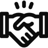 Black and white icon of two hands shaking in a handshake, symbolizing agreement or partnership, with three lines above indicating emphasis or celebration.