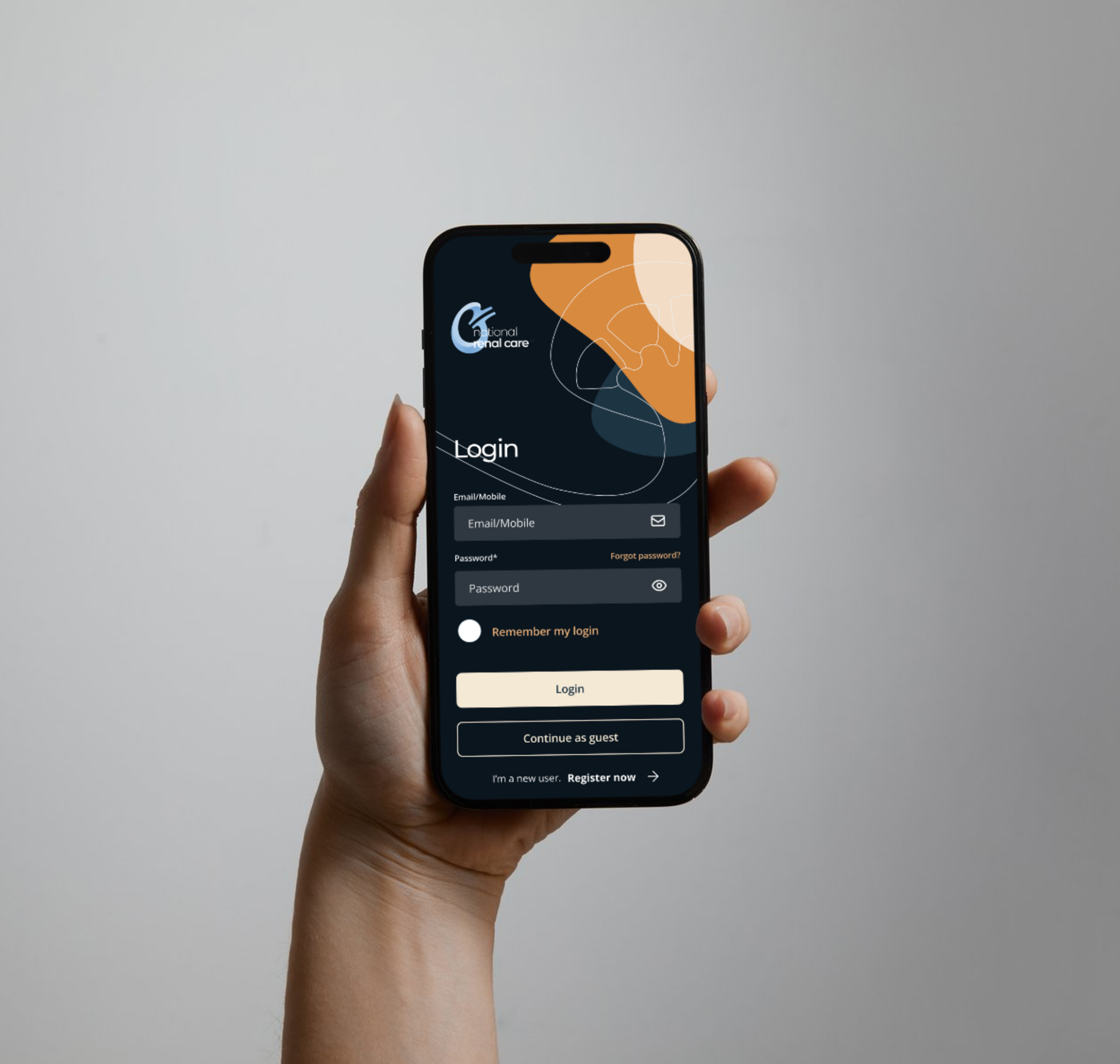 A hand holds a smartphone displaying a login screen for an app, featuring fields for email or mobile and password, options to remember login, continue as guest, and register, with a modern abstract background.