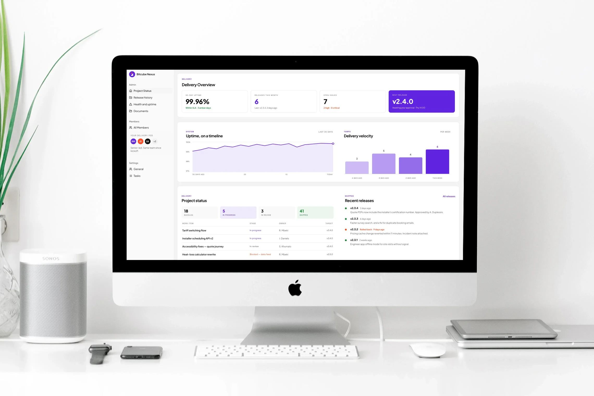 The Bitcube Nexus Hub project dashboard — 90-day uptime, releases this month, open issues, the next release awaiting client approval, an uptime timeline, delivery velocity, project status and recent release notes.